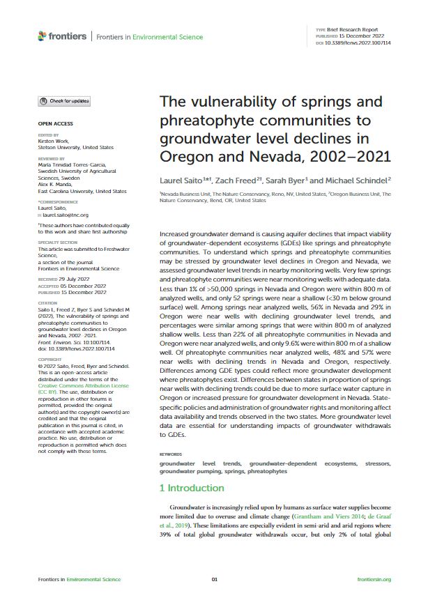 Paper describing the vulnerability of springs and phreatophytes to groundwater level declines, and comparing across Oregon and Nevada.