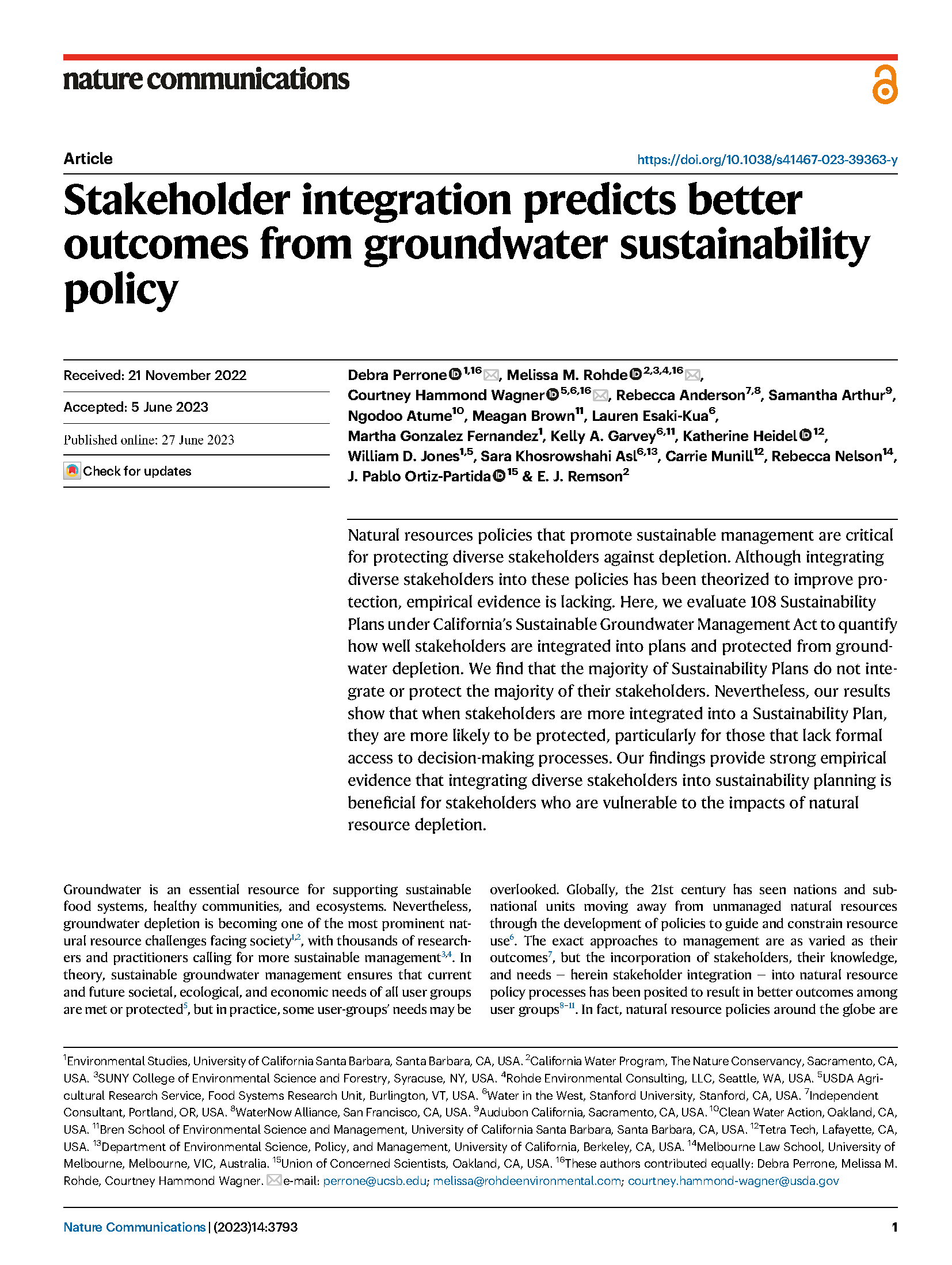 Stakeholder integration and groundwater sustainability