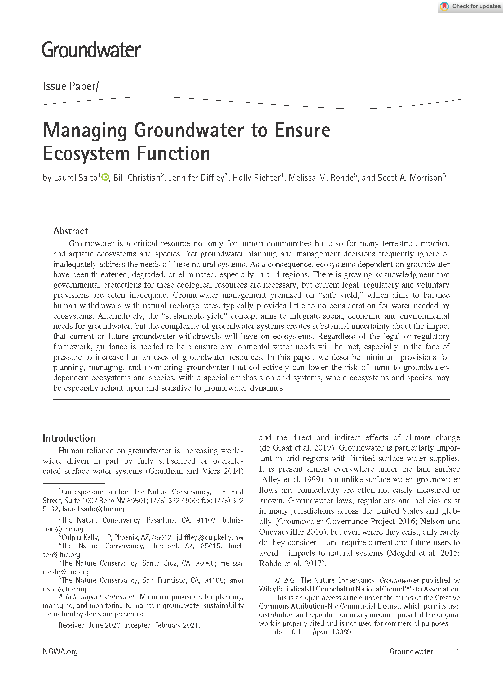 Managing groundwater to ensure ecosystem function